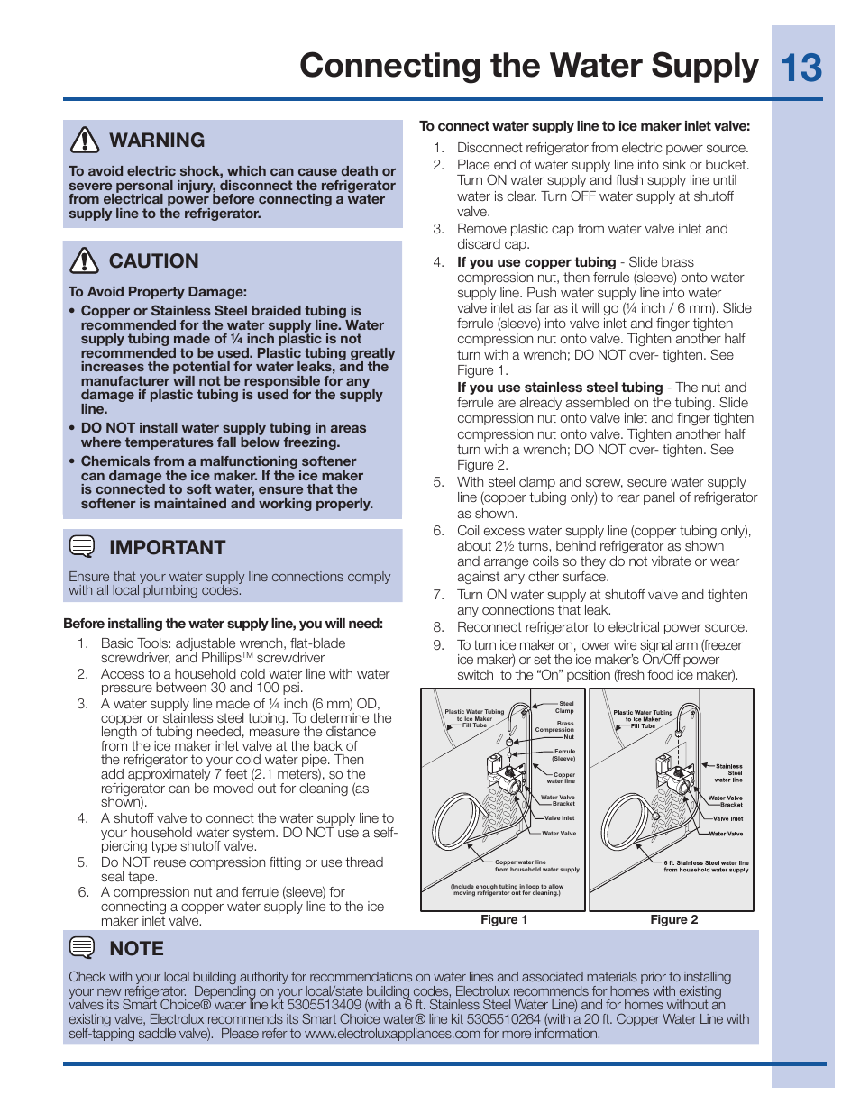 Connecting the water supply, Warning, Caution | Important | Electrolux EI27BS26JS User Manual | Page 13 / 38