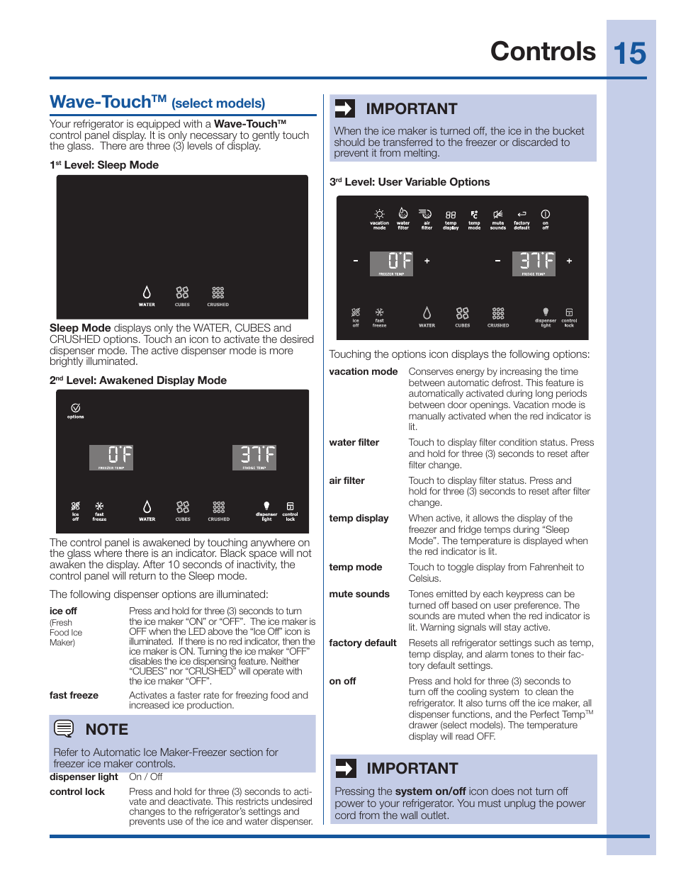 Controls, Wave-touch, Important | Electrolux EI27BS26JS User Manual | Page 15 / 38