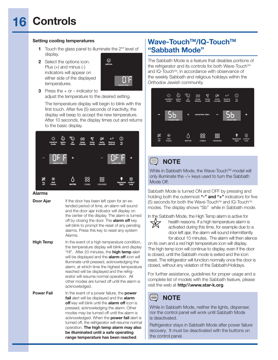 Controls, Wave-touch, Iq-touch | Sabbath mode | Electrolux EI27BS26JS User Manual | Page 16 / 38