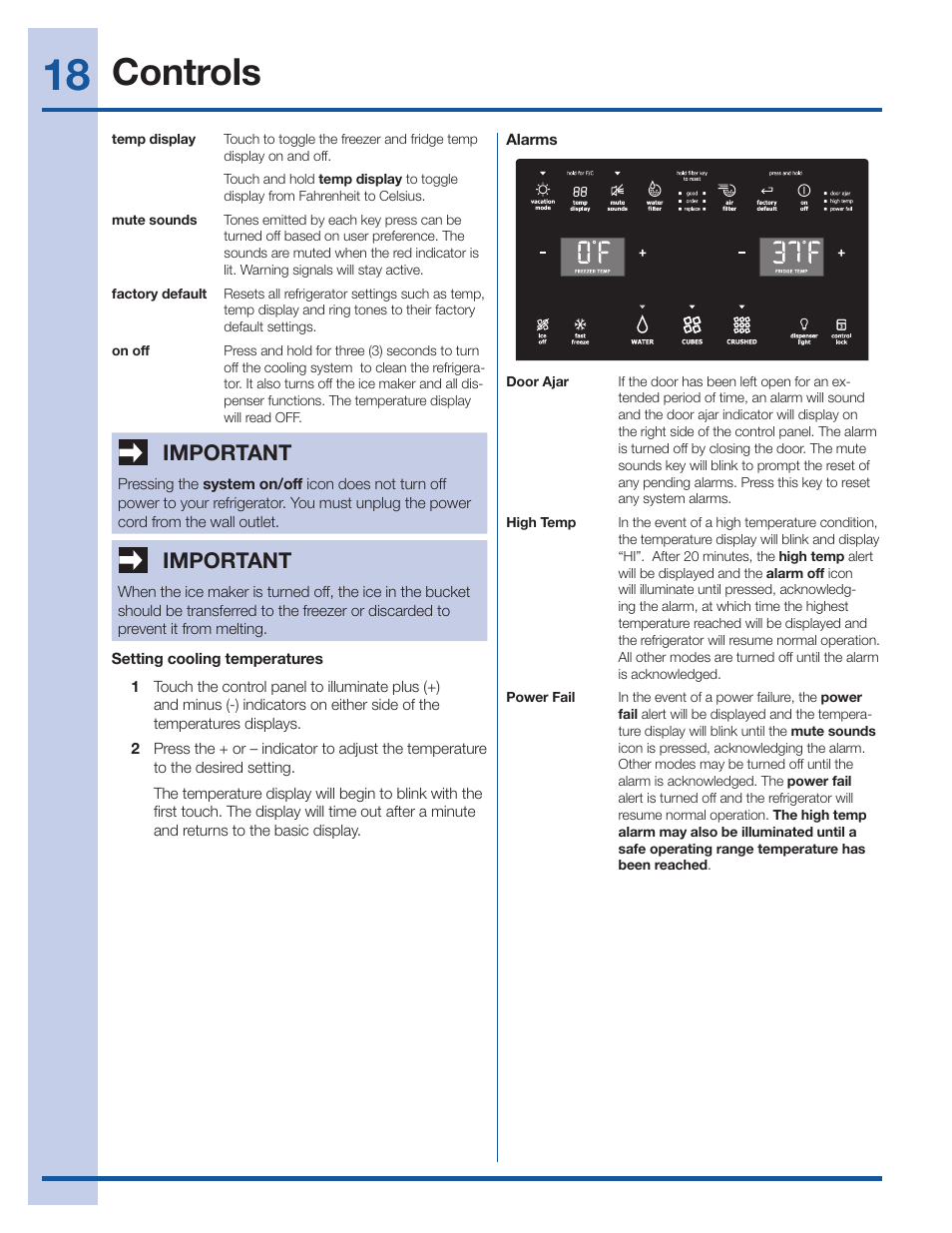 Controls, Important | Electrolux EI27BS26JS User Manual | Page 18 / 38