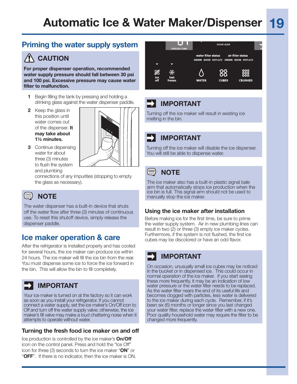 Automatic ice & water maker/dispenser, Priming the water supply system, Ice maker operation & care | Important, Caution | Electrolux EI27BS26JS User Manual | Page 19 / 38