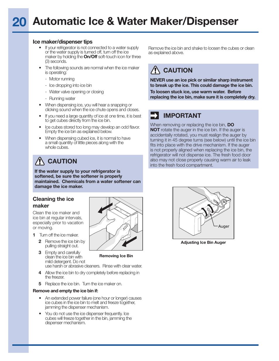 Automatic ice & water maker/dispenser, Caution, Important | Electrolux EI27BS26JS User Manual | Page 20 / 38