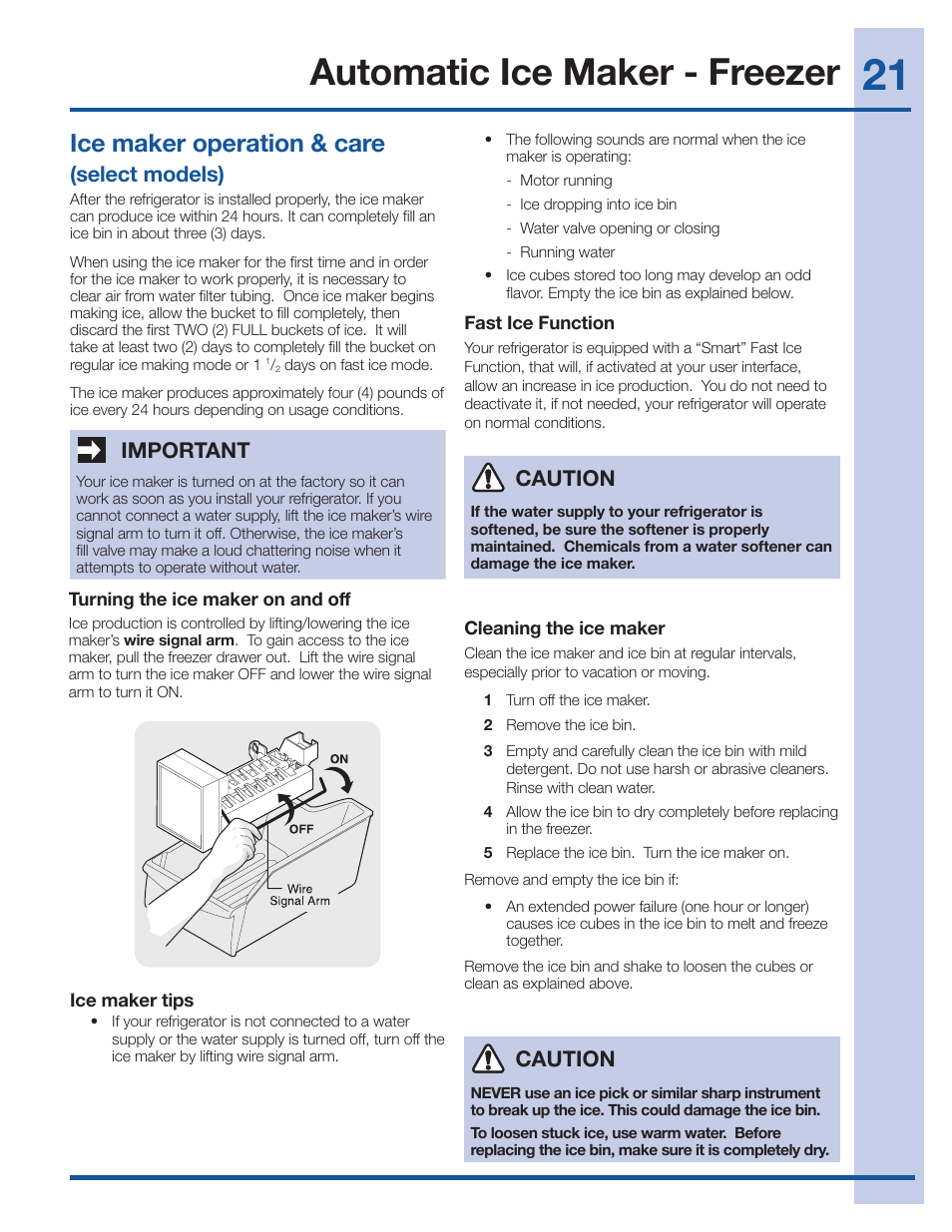 Automatic ice maker - freezer, Ice maker operation & care, Select models) | Important, Caution | Electrolux EI27BS26JS User Manual | Page 21 / 38