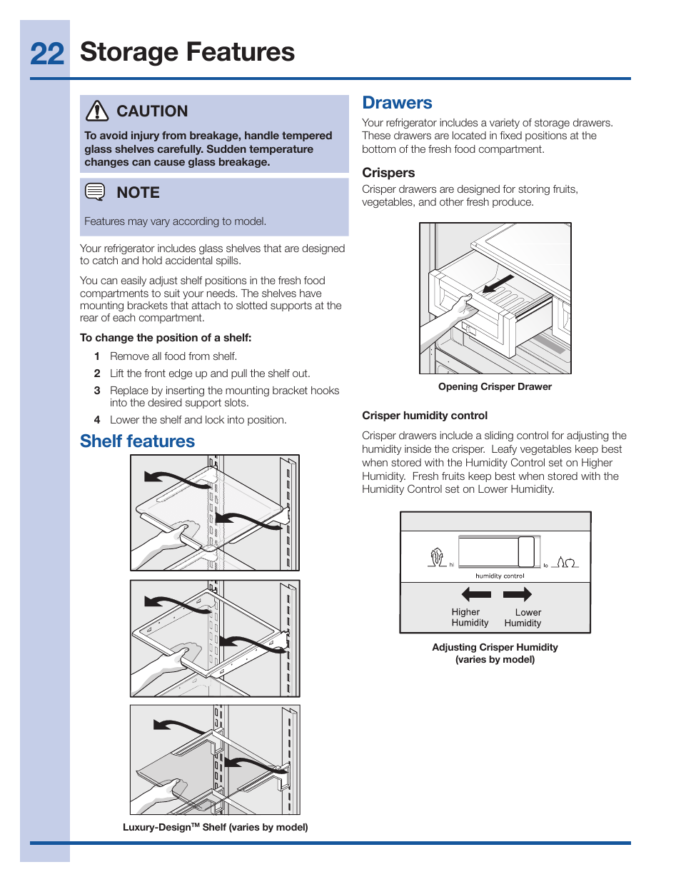 Storage features, Shelf features, Drawers | Caution | Electrolux EI27BS26JS User Manual | Page 22 / 38