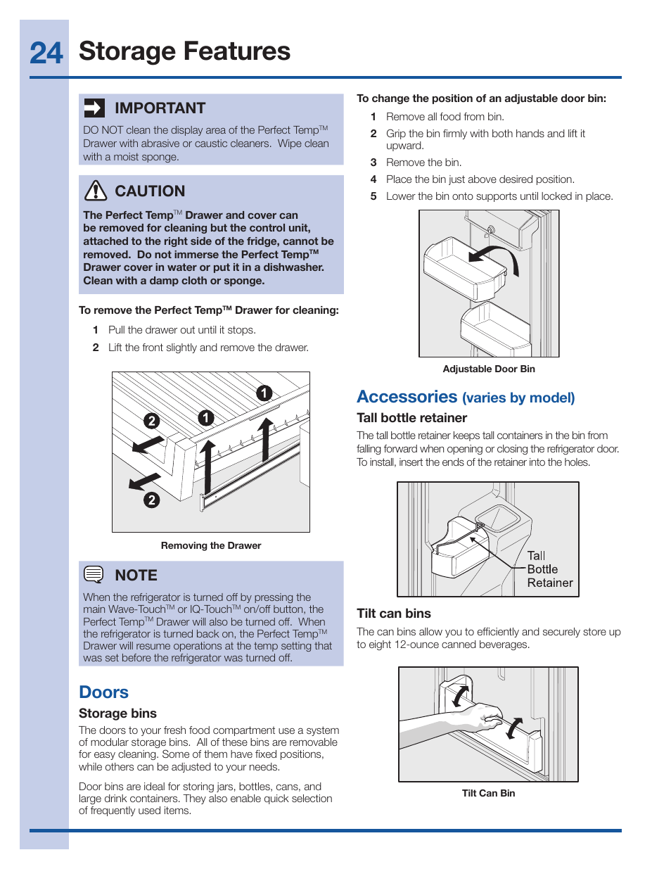 Storage features, Doors, Accessories | Important, Caution, Varies by model) | Electrolux EI27BS26JS User Manual | Page 24 / 38