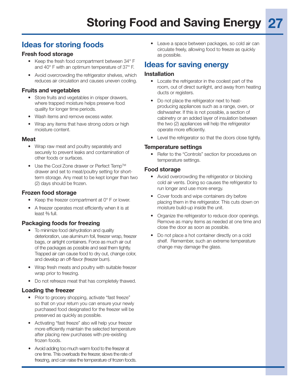 Storing food and saving energy, Ideas for storing foods, Ideas for saving energy | Electrolux EI27BS26JS User Manual | Page 27 / 38