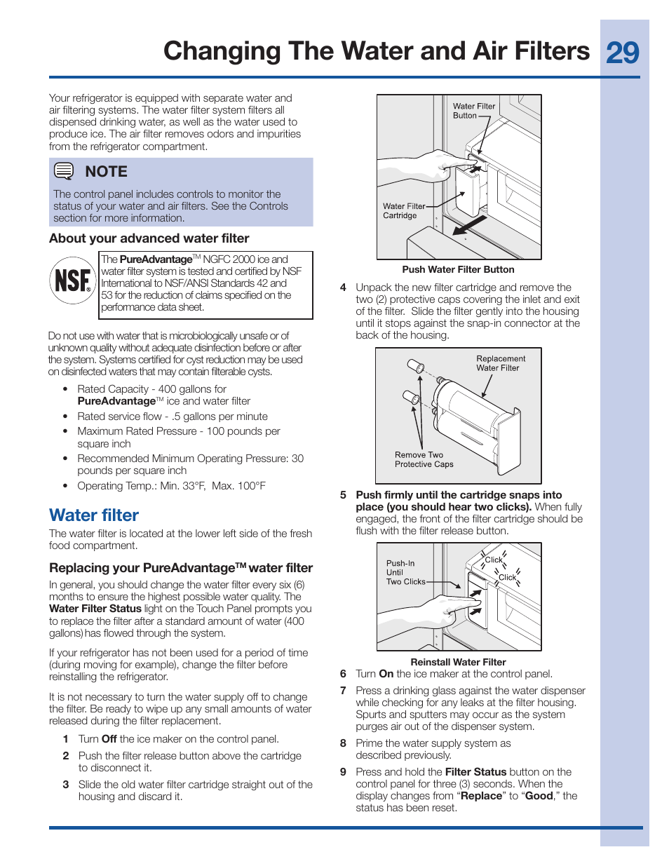 Changing the water and air filters, Water filter | Electrolux EI27BS26JS User Manual | Page 29 / 38