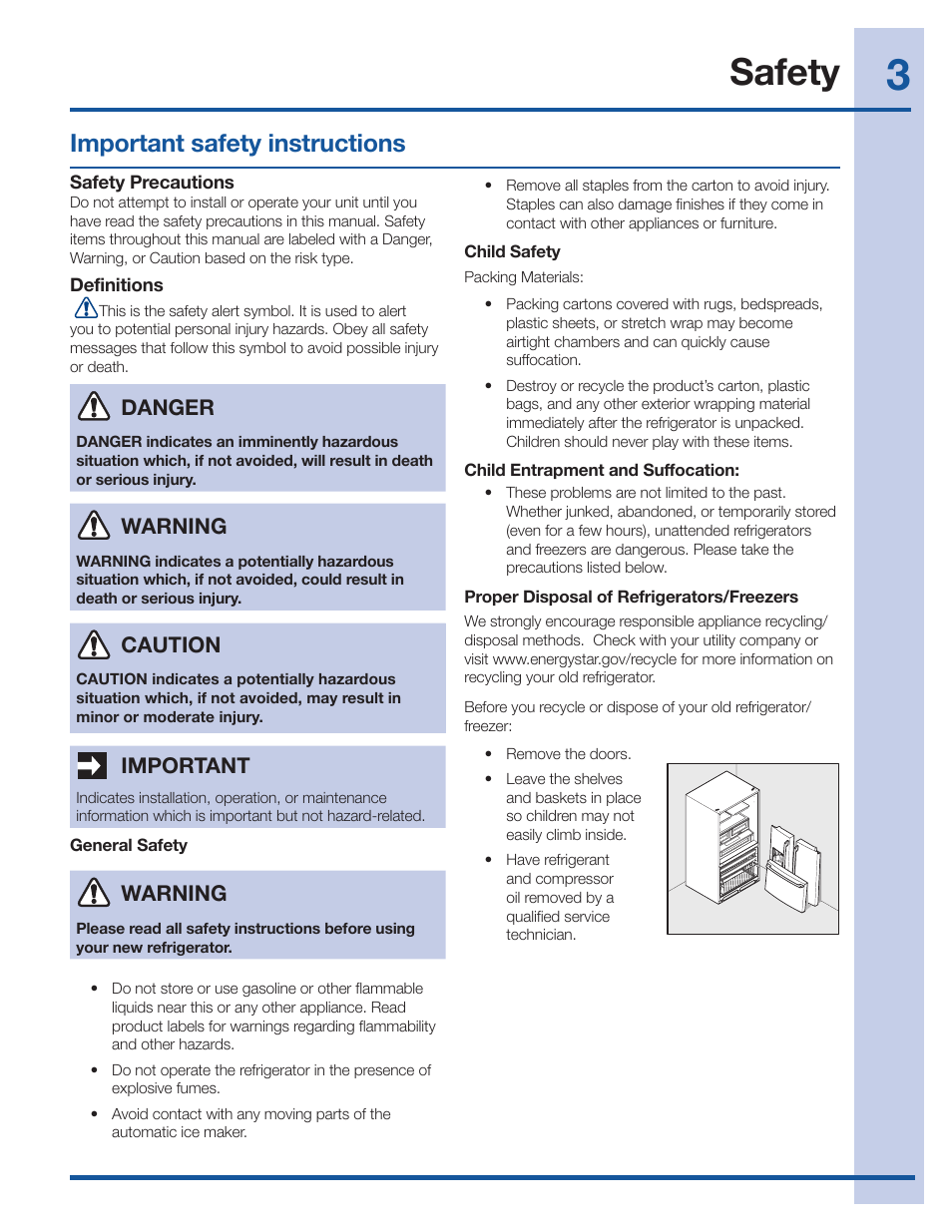 Safety, Important safety instructions, Warning | Important, Caution, Danger | Electrolux EI27BS26JS User Manual | Page 3 / 38