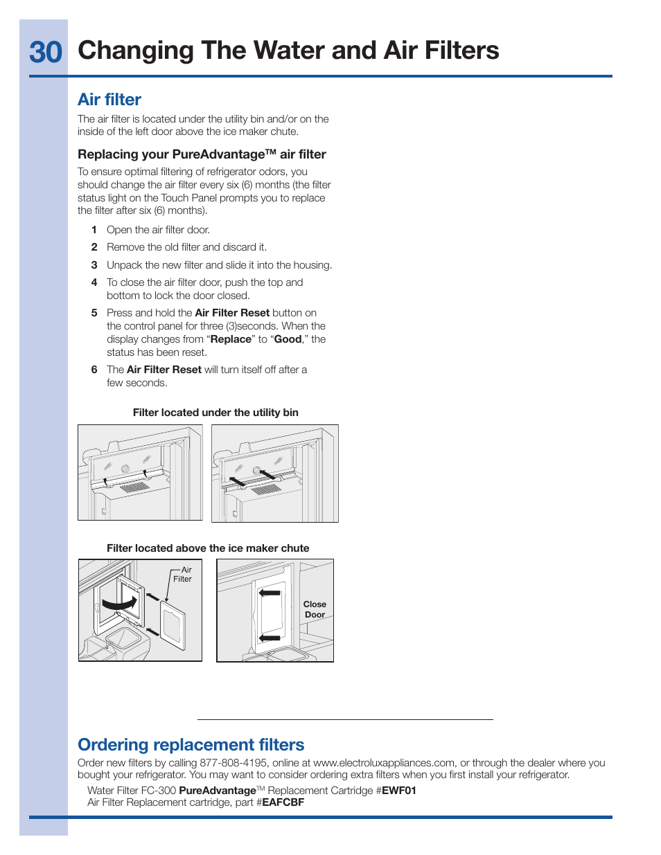 Changing the water and air filters, Ordering replacement filters, Air filter | Electrolux EI27BS26JS User Manual | Page 30 / 38