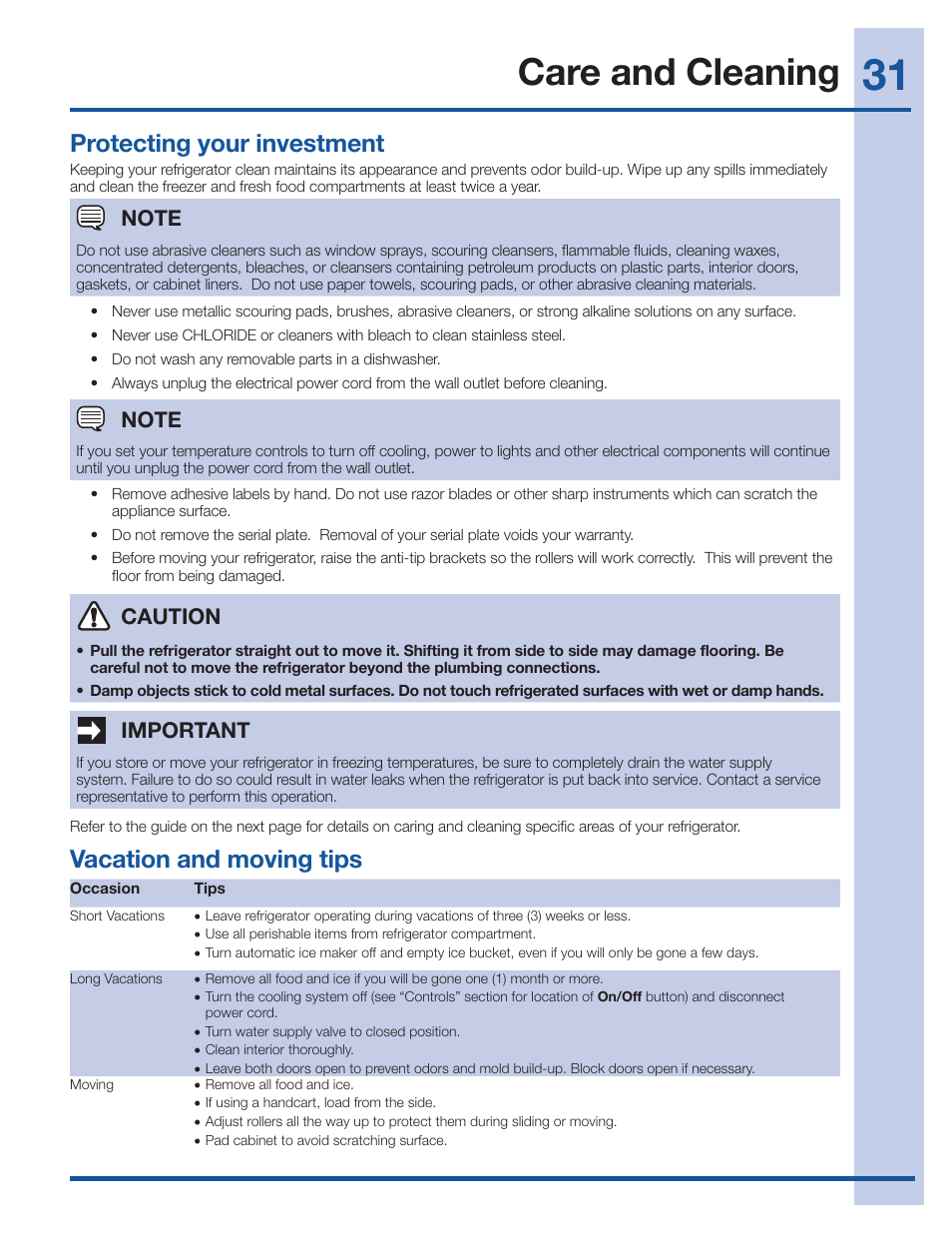 Care and cleaning, Protecting your investment, Vacation and moving tips | Important, Caution | Electrolux EI27BS26JS User Manual | Page 31 / 38