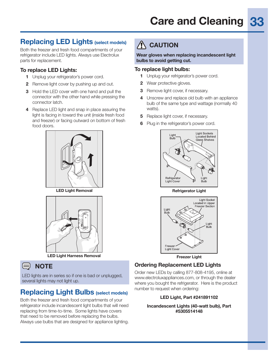 Care and cleaning, Replacing led lights, Replacing light bulbs | Caution | Electrolux EI27BS26JS User Manual | Page 33 / 38