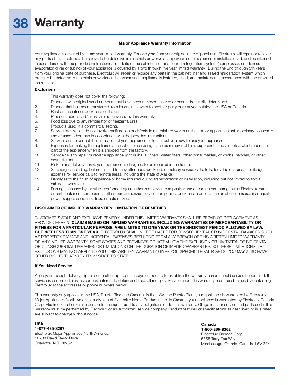 Warranty | Electrolux EI27BS26JS User Manual | Page 38 / 38