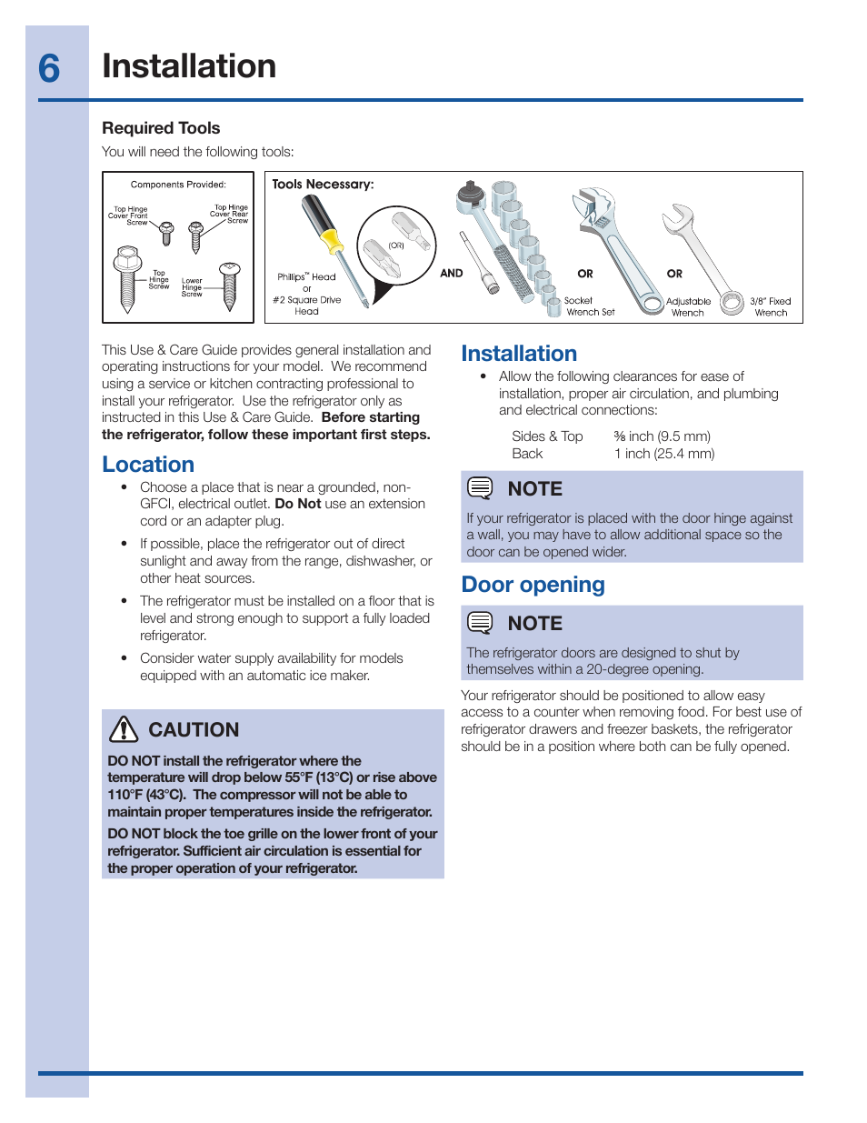 Installation, Location, Door opening | Electrolux EI27BS26JS User Manual | Page 6 / 38