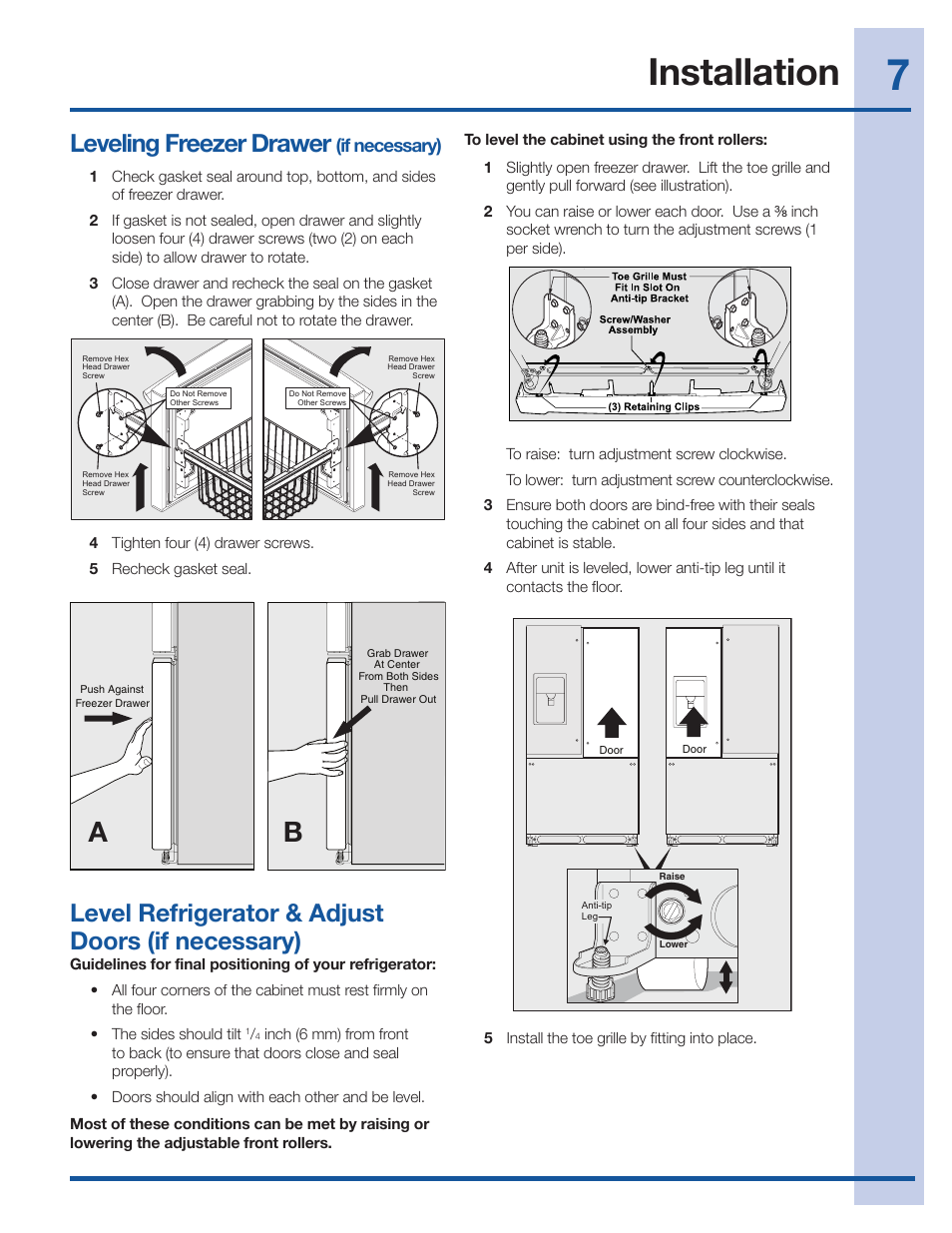 Installation, Leveling freezer drawer, Level refrigerator & adjust doors (if necessary) | If necessary) | Electrolux EI27BS26JS User Manual | Page 7 / 38