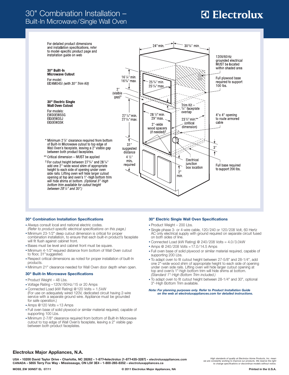 30" combination installation, Built-in microwave/single wall oven, Electrolux major appliances, n.a | Electrolux EI24MO45IBEI27MO45TS User Manual | Page 5 / 6