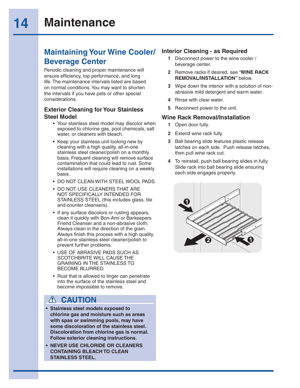 Maintenance, Maintaining your wine cooler/ beverage center, Caution | Electrolux EI24WC65GS User Manual | Page 14 / 18