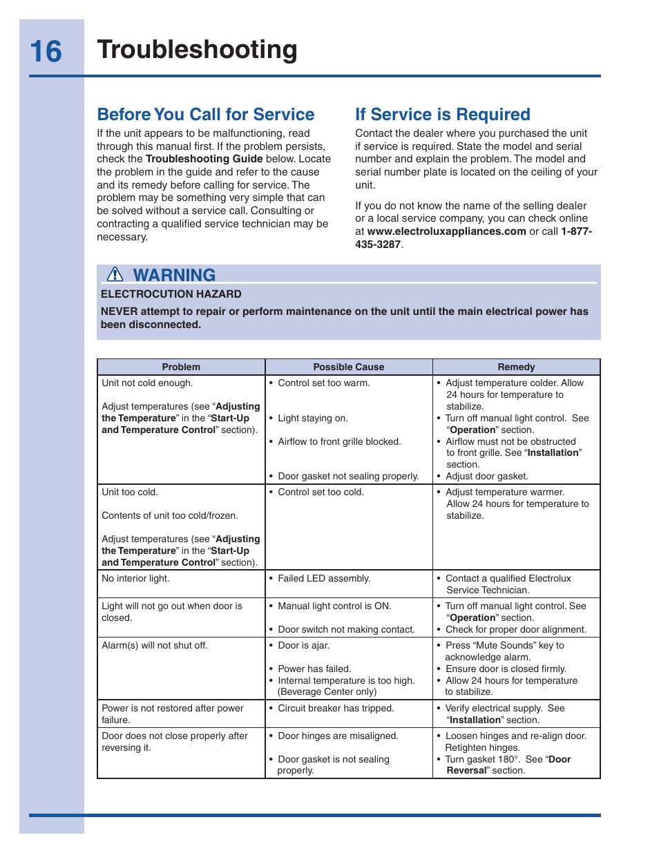 Troubleshooting, Before you call for service, If service is required | Warning | Electrolux EI24WC65GS User Manual | Page 16 / 18