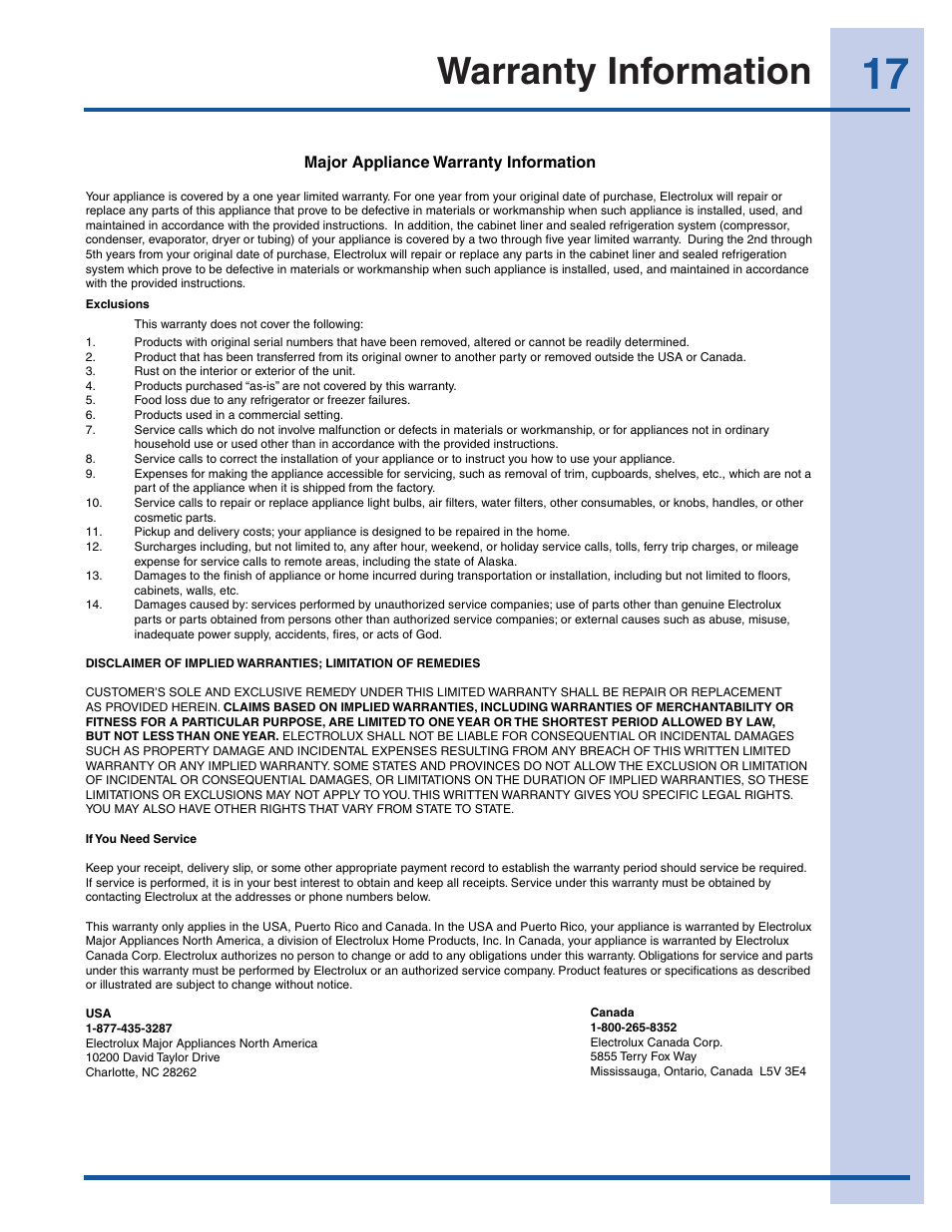 Warranty information | Electrolux EI24WC65GS User Manual | Page 17 / 18