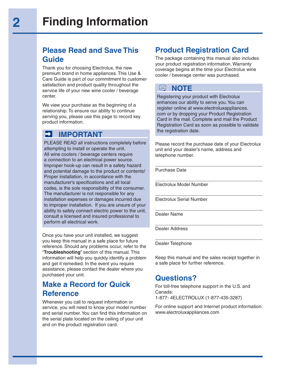 Finding information, Product registration card, Please read and save this guide | Important, Make a record for quick reference, Questions | Electrolux EI24WC65GS User Manual | Page 2 / 18