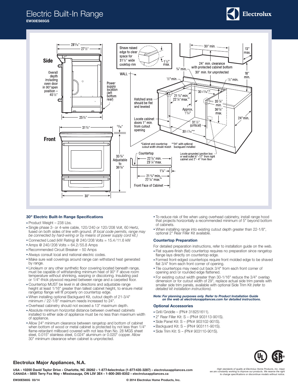 Electric built-in range, Electrolux major appliances, n.a | Electrolux EW30ES65GS User Manual | Page 2 / 5