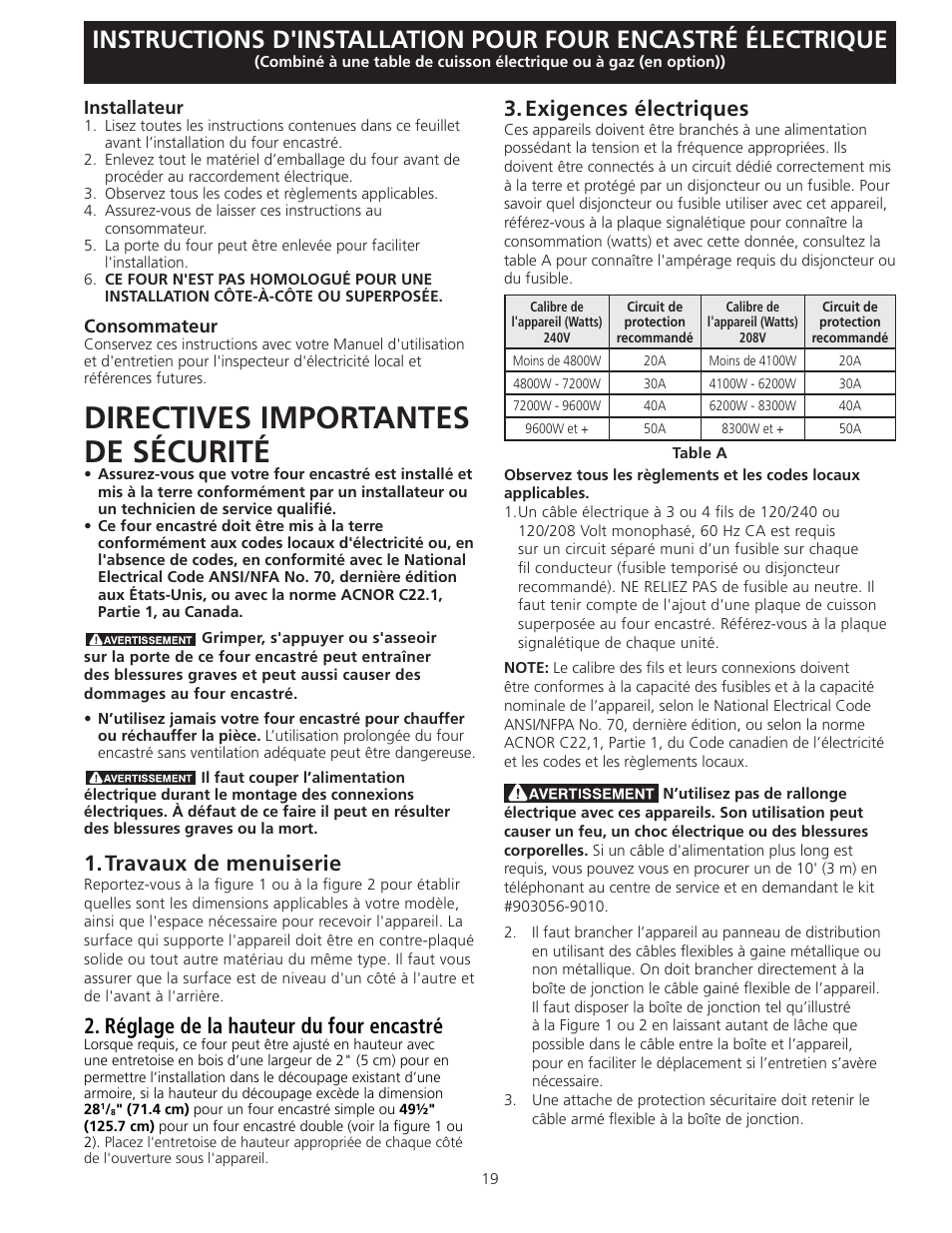 Directives importantes de sécurité, Travaux de menuiserie, Réglage de la hauteur du four encastré | Exigences électriques | Electrolux EW27EW65GB User Manual | Page 19 / 24