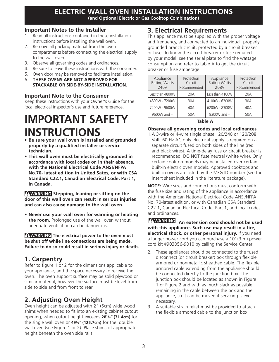 Important safety instructions, Electric wall oven installation instructions, Carpentry | Adjusting oven height, Electrical requirements | Electrolux EW27EW65GB User Manual | Page 3 / 24