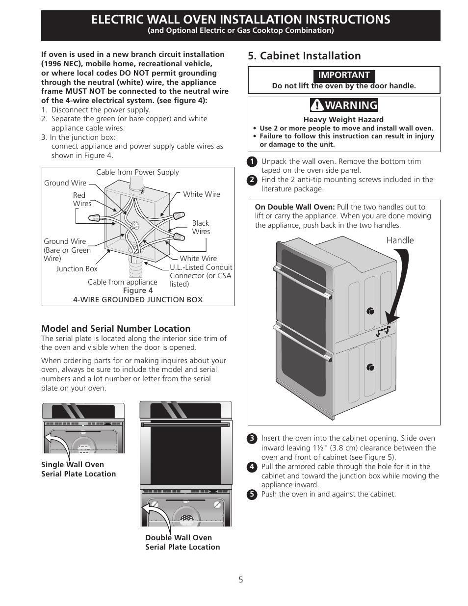 Electric wall oven installation instructions, Cabinet installation | Electrolux EW27EW65GB User Manual | Page 5 / 24