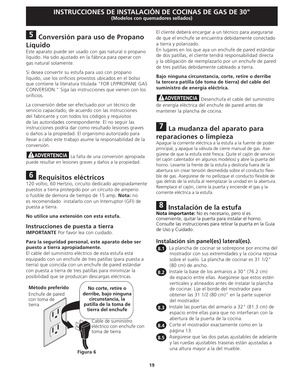 Conversión para uso de propano líquido, Requisitos eléctricos, Instalación de la estufa | Electrolux EW30GS75KS User Manual | Page 19 / 40