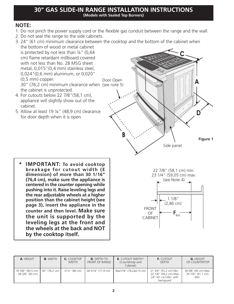 Ad c b, 30" gas slide-in range installation instructions, Important | Electrolux EW30GS75KS User Manual | Page 2 / 40