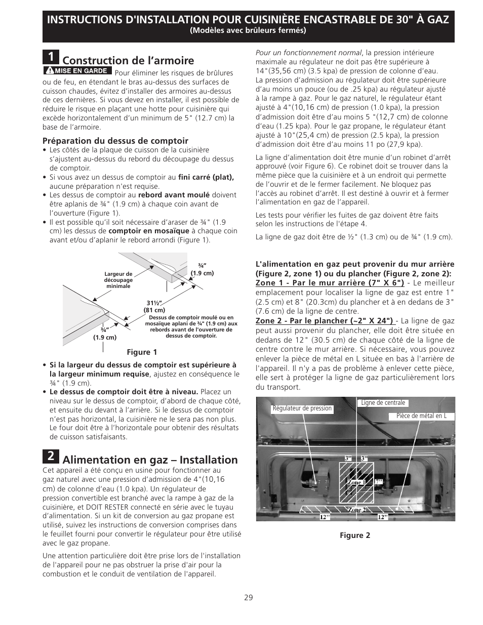 Construction de l’armoire, Alimentation en gaz – installation | Electrolux EW30GS75KS User Manual | Page 29 / 40