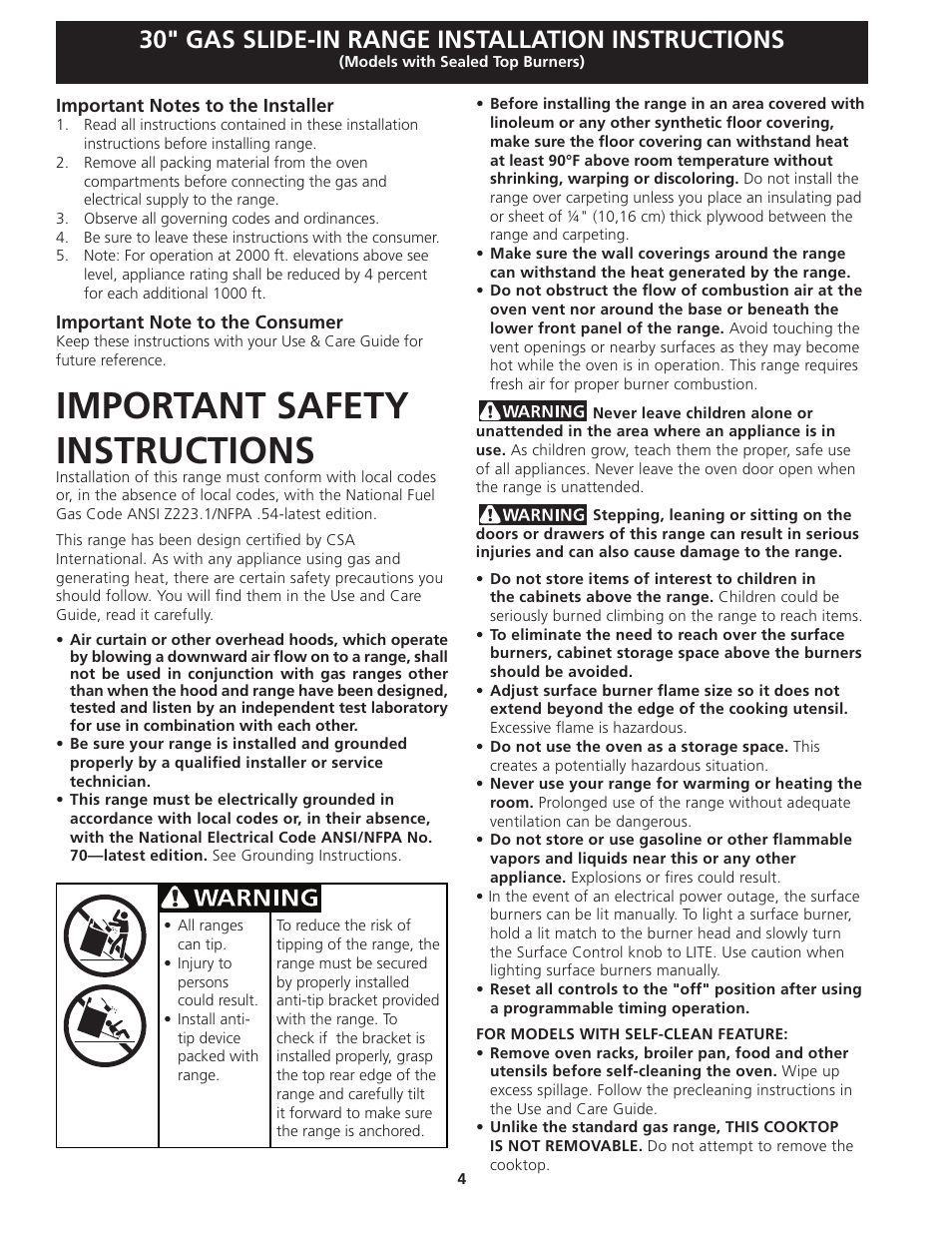 Important safety instructions, 30" gas slide-in range installation instructions | Electrolux EW30GS75KS User Manual | Page 4 / 40