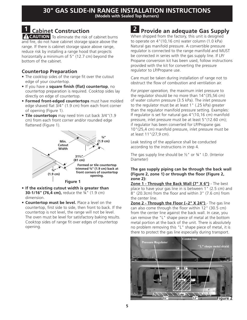 30" gas slide-in range installation instructions, Provide an adequate gas supply, Cabinet construction | Electrolux EW30GS75KS User Manual | Page 5 / 40