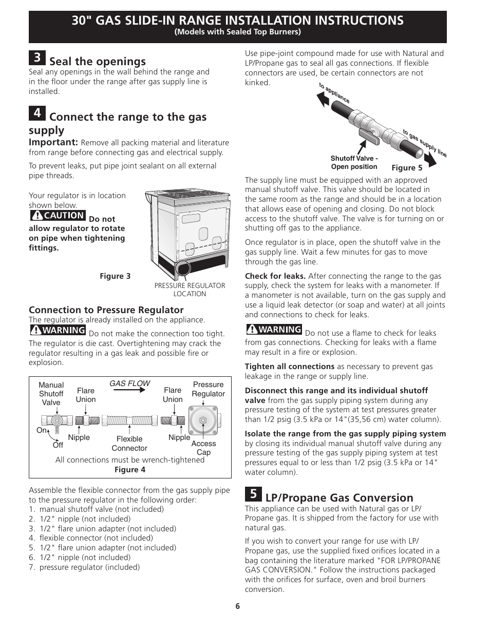 30" gas slide-in range installation instructions, Lp/propane gas conversion, Seal the openings | Connect the range to the gas supply | Electrolux EW30GS75KS User Manual | Page 6 / 40