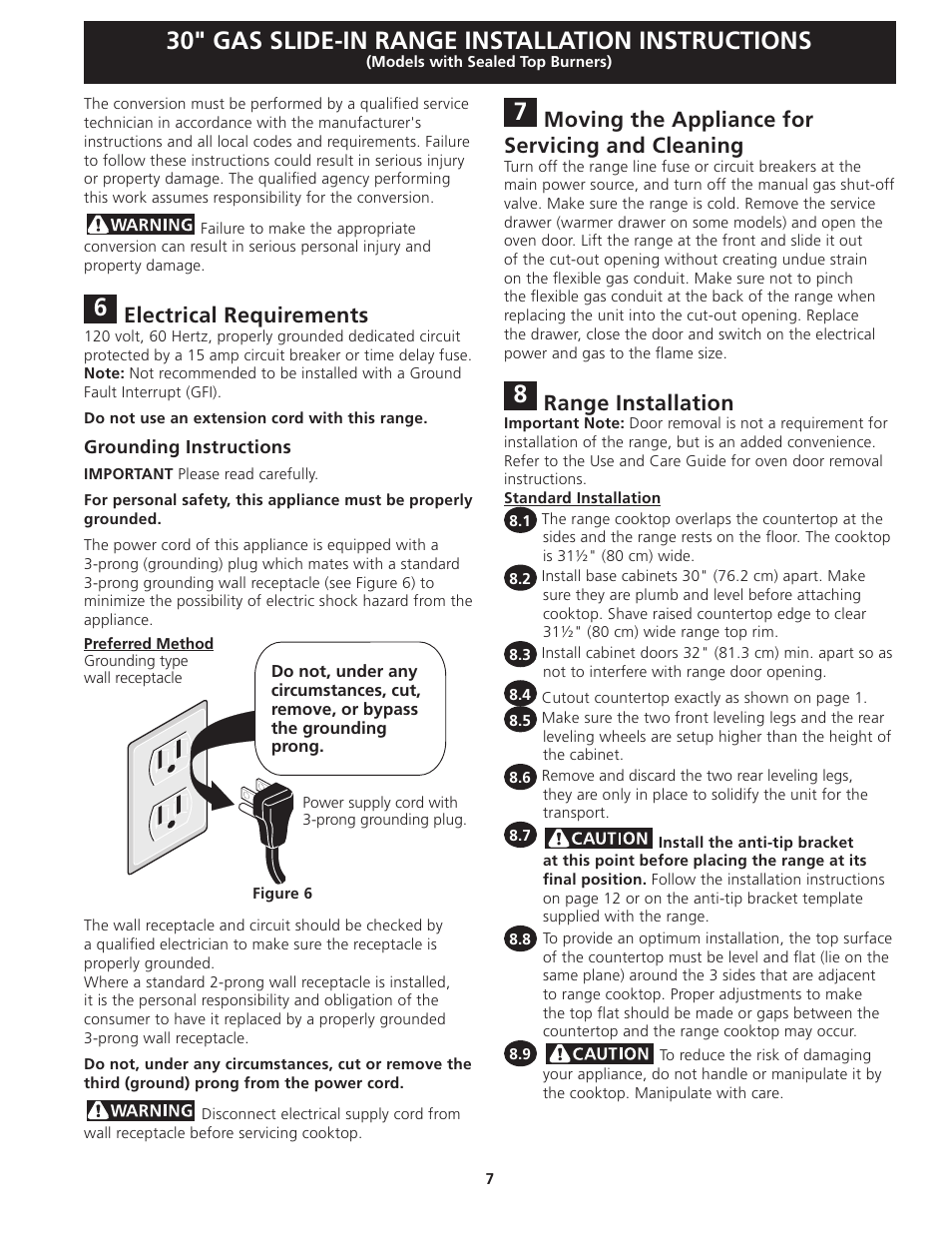 30" gas slide-in range installation instructions, Electrical requirements, Moving the appliance for servicing and cleaning | Range installation | Electrolux EW30GS75KS User Manual | Page 7 / 40