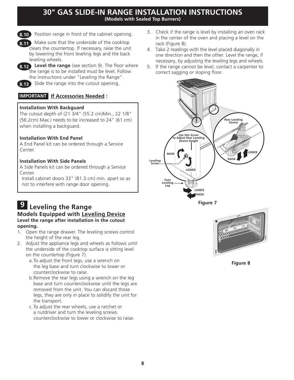 30" gas slide-in range installation instructions, Leveling the range, Models equipped with leveling device | Electrolux EW30GS75KS User Manual | Page 8 / 40