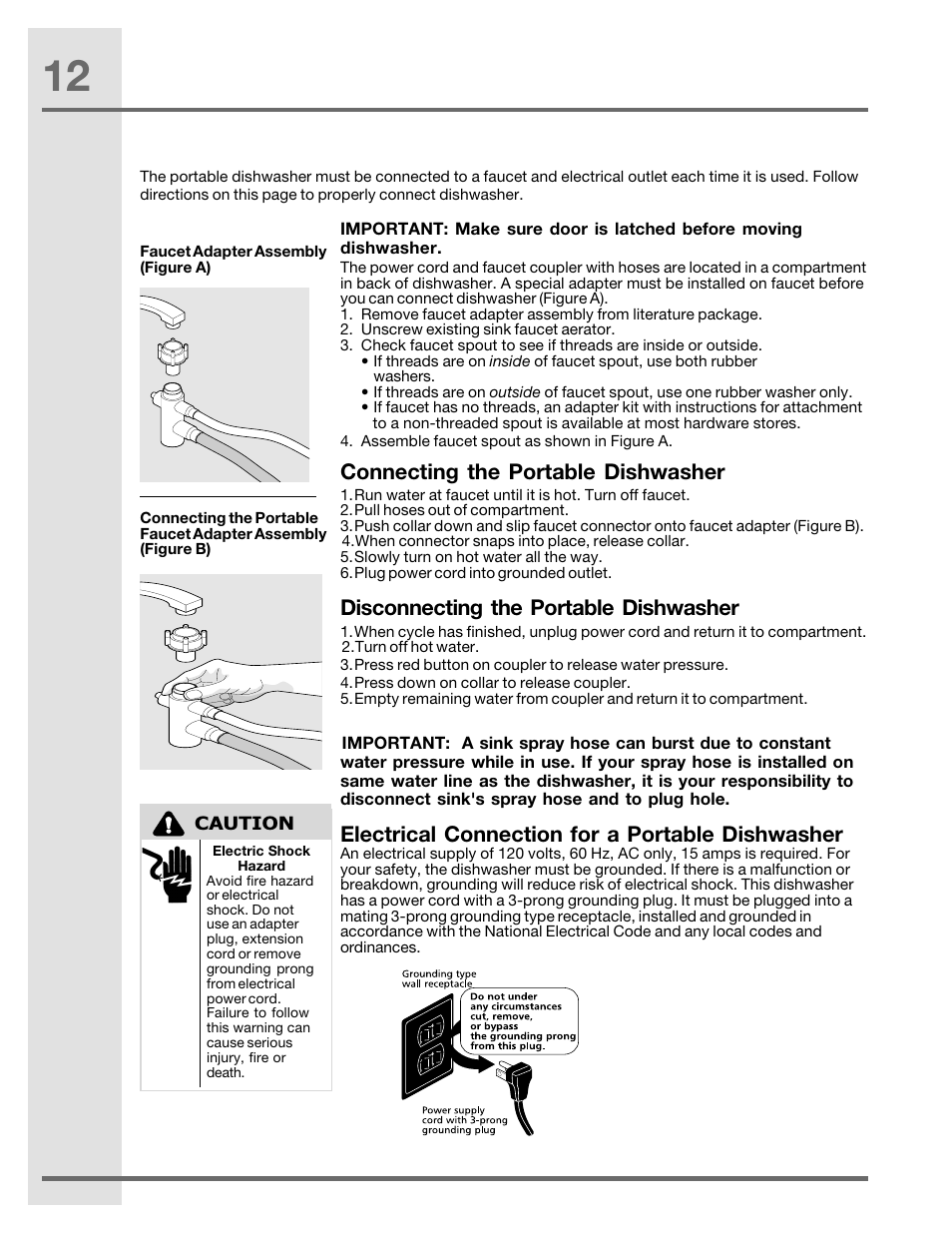 Connecting the portable dishwasher, Disconnecting the portable dishwasher, Electrical connection for a portable dishwasher | Electrolux EIDW1805KS User Manual | Page 12 / 16