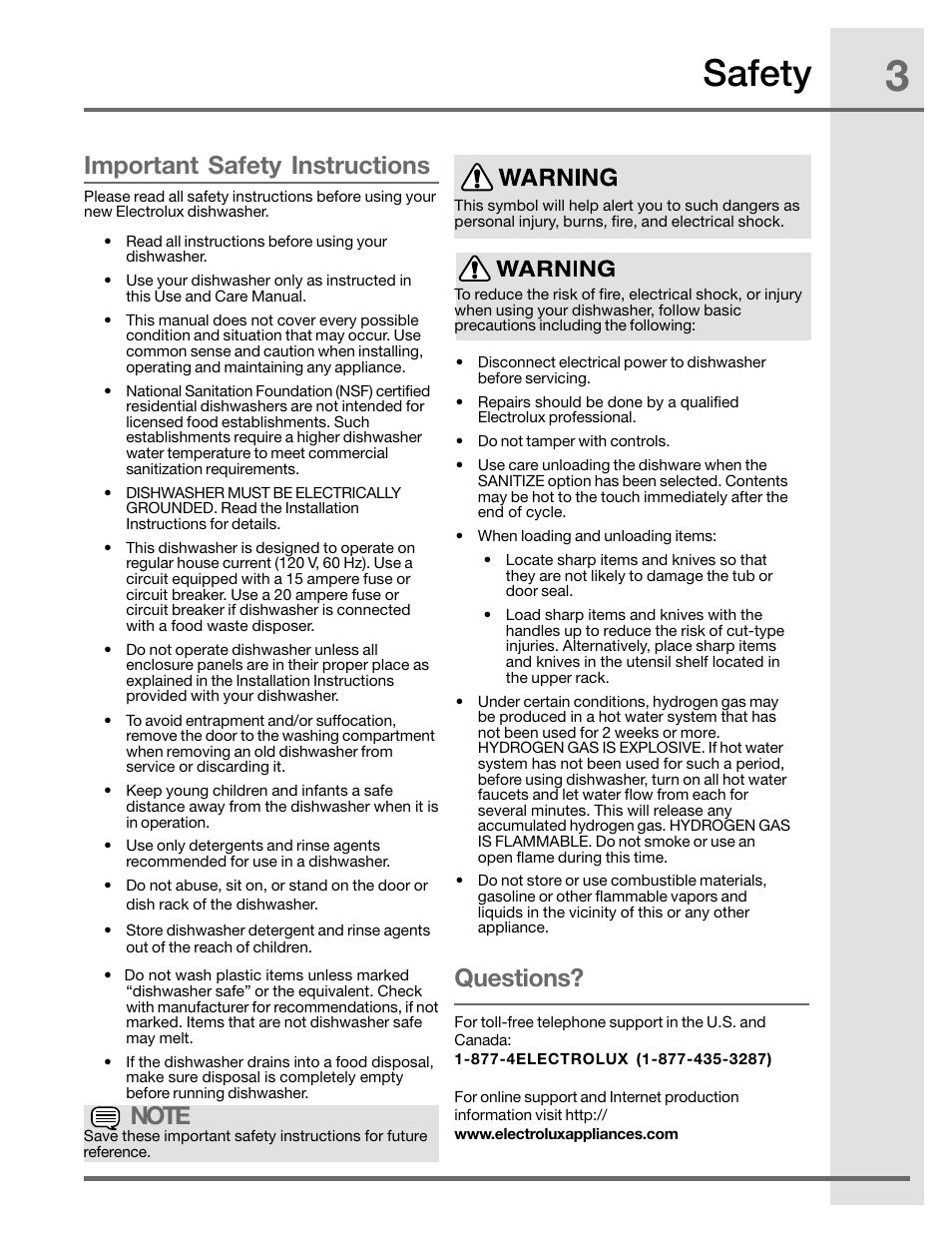 Safety, Important safety instructions questions | Electrolux EIDW1805KS User Manual | Page 3 / 16