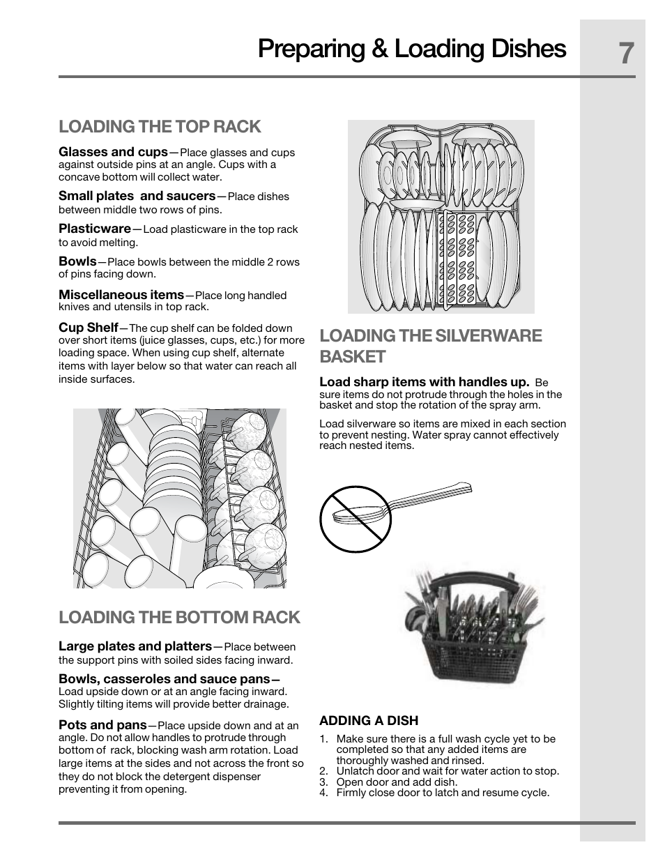 Preparing & loading dishes, Loading the top rack, Loading the bottom rack | Loading the silverware basket | Electrolux EIDW1805KS User Manual | Page 7 / 16