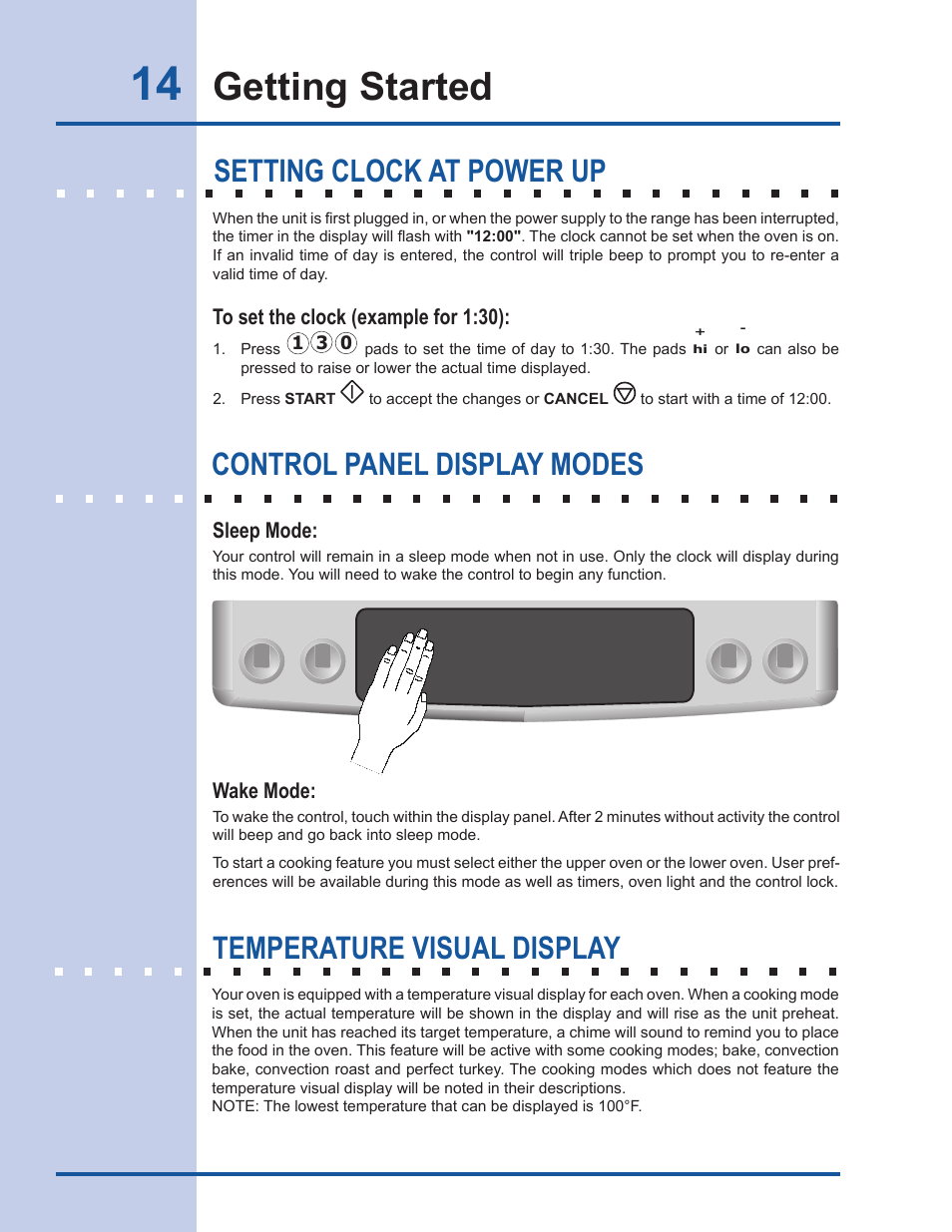Getting started, Temperature visual display | Electrolux EW30GS65GS User Manual | Page 14 / 52