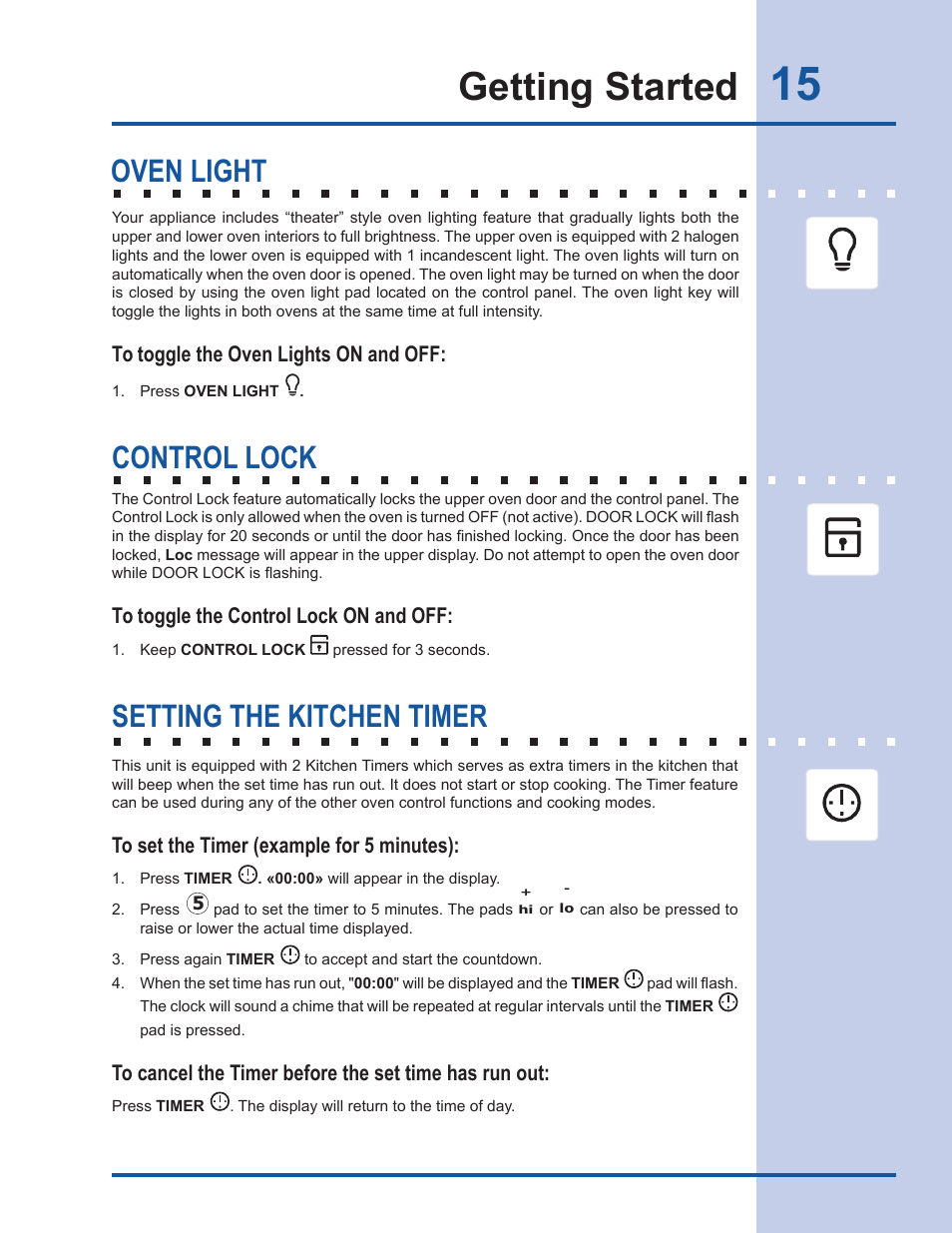 Getting started, Oven light, Setting the kitchen timer | Control lock | Electrolux EW30GS65GS User Manual | Page 15 / 52