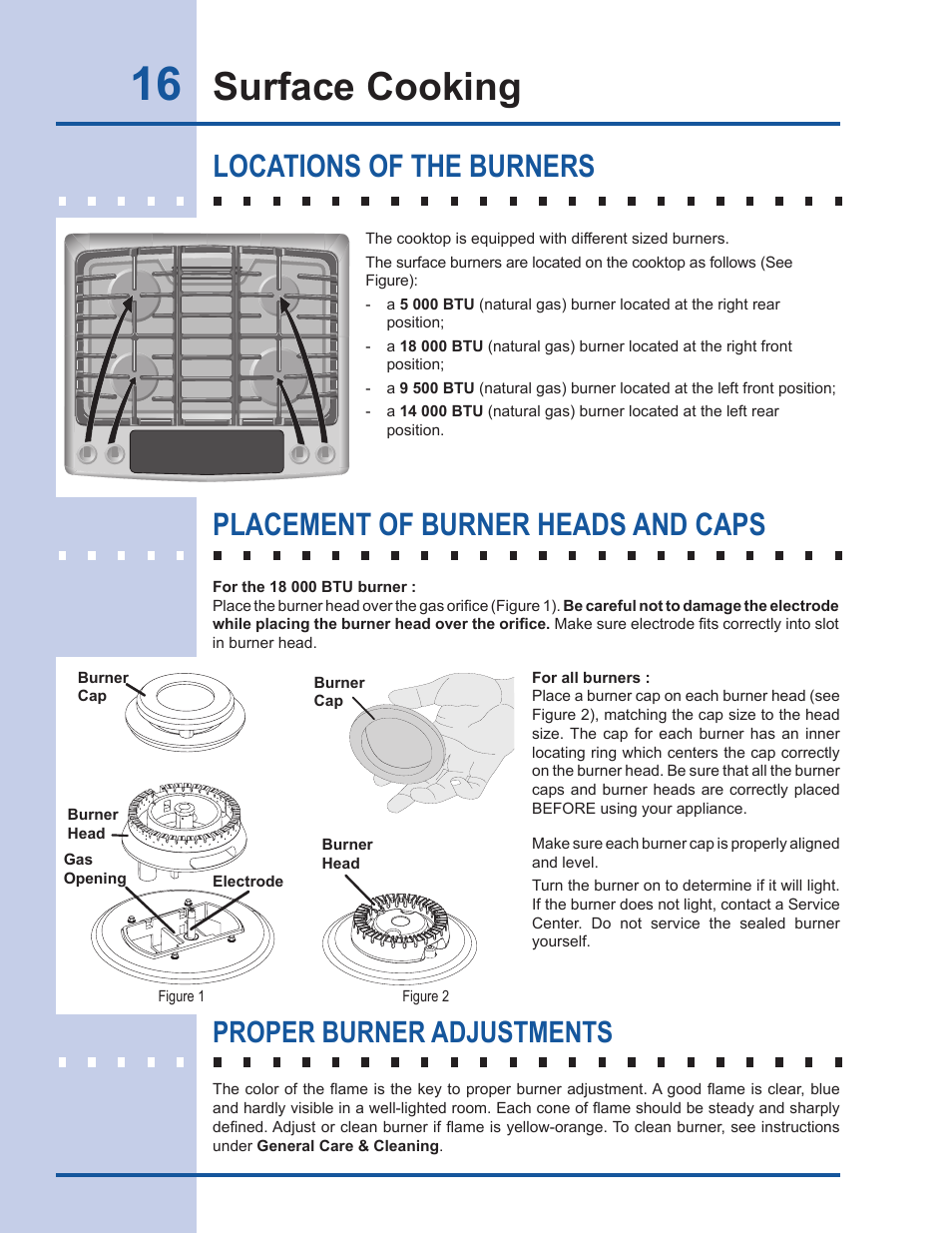 Surface cooking, Proper burner adjustments | Electrolux EW30GS65GS User Manual | Page 16 / 52