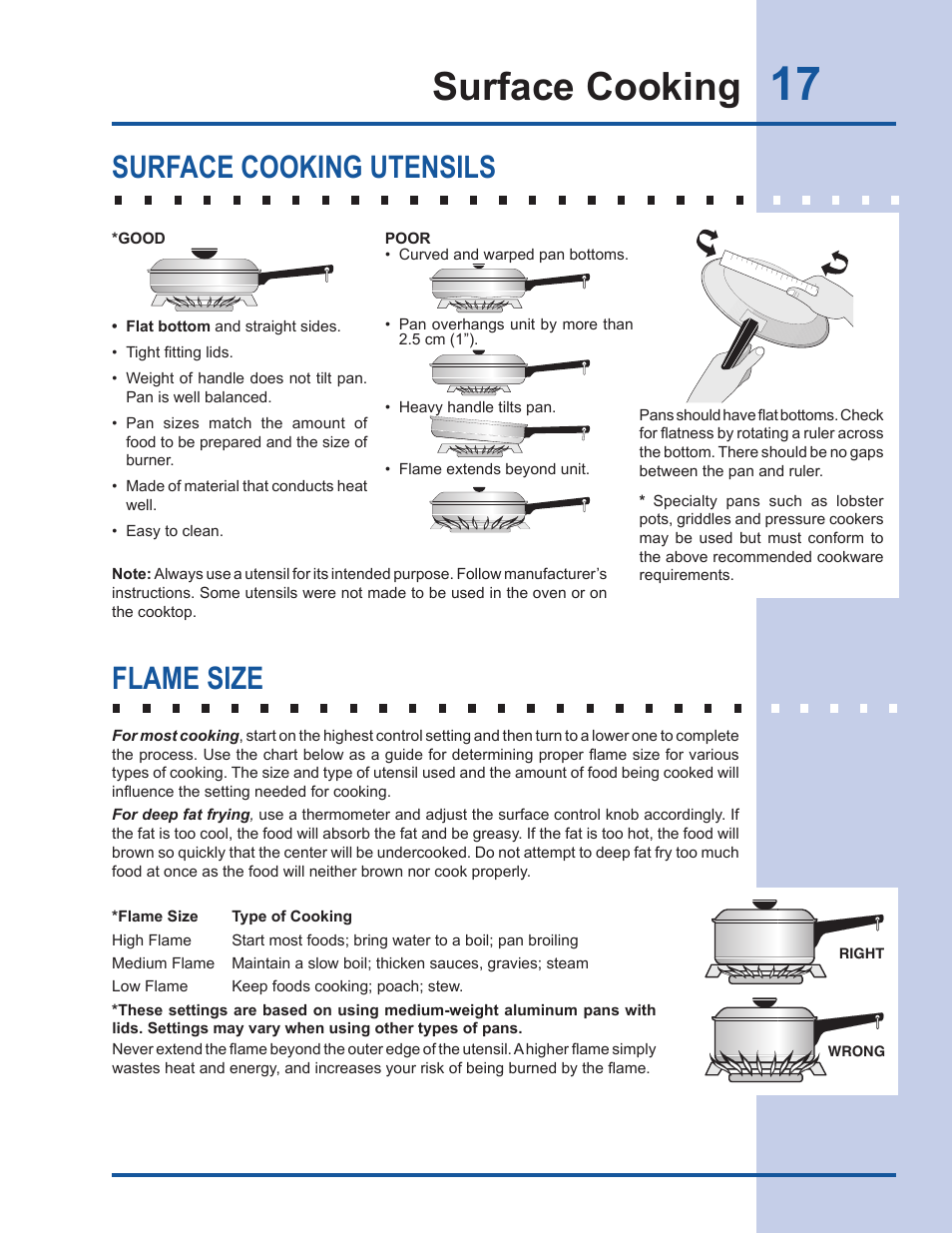 Surface cooking, Surface cooking utensils flame size | Electrolux EW30GS65GS User Manual | Page 17 / 52