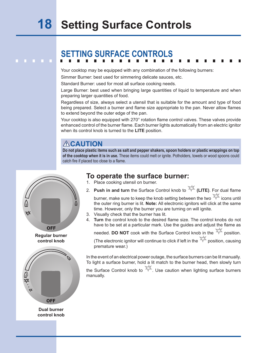 Setting surface controls, Caution | Electrolux EW30GS65GS User Manual | Page 18 / 52