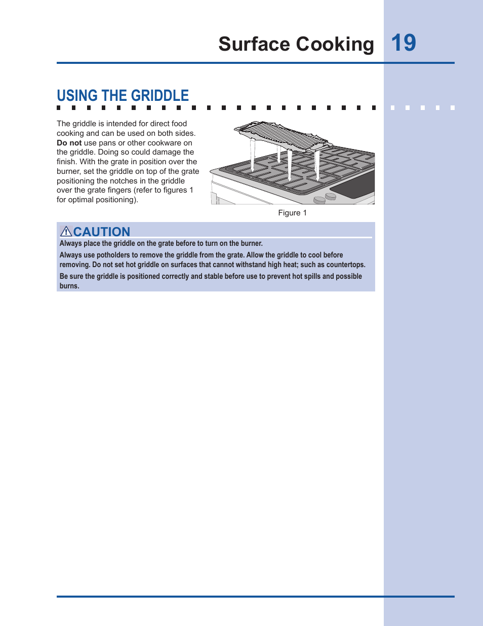 Surface cooking, Using the griddle, Caution | Electrolux EW30GS65GS User Manual | Page 19 / 52