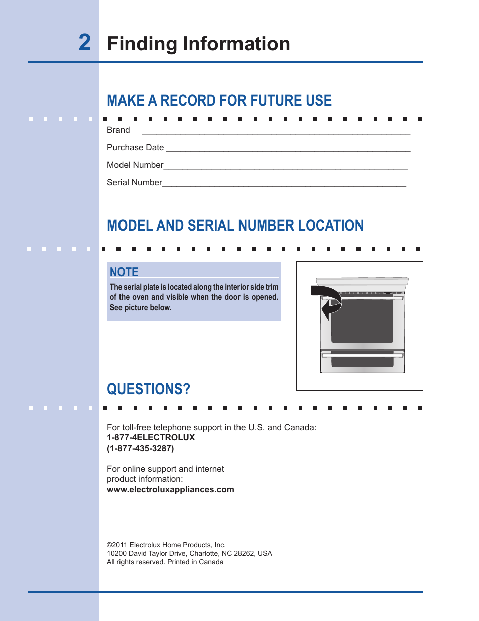 Finding information, Make a record for future use, Model and serial number location questions | Electrolux EW30GS65GS User Manual | Page 2 / 52