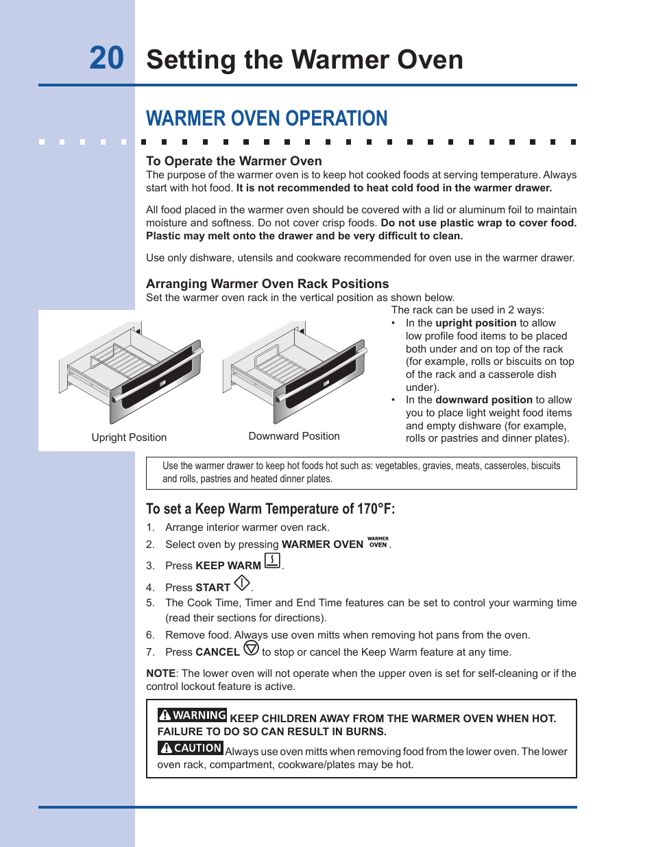 Setting the warmer oven, Warmer oven operation | Electrolux EW30GS65GS User Manual | Page 20 / 52