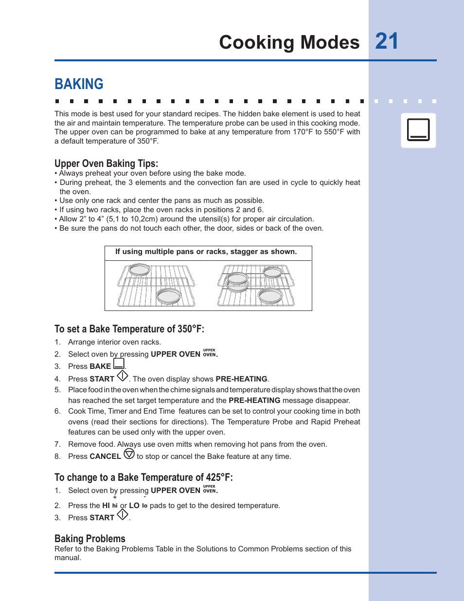 Cooking modes, Baking, Baking problems | Upper oven baking tips | Electrolux EW30GS65GS User Manual | Page 21 / 52