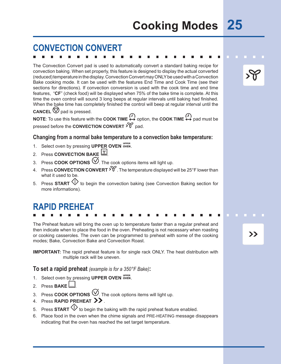 Cooking modes, Convection convert, Rapid preheat | Electrolux EW30GS65GS User Manual | Page 25 / 52