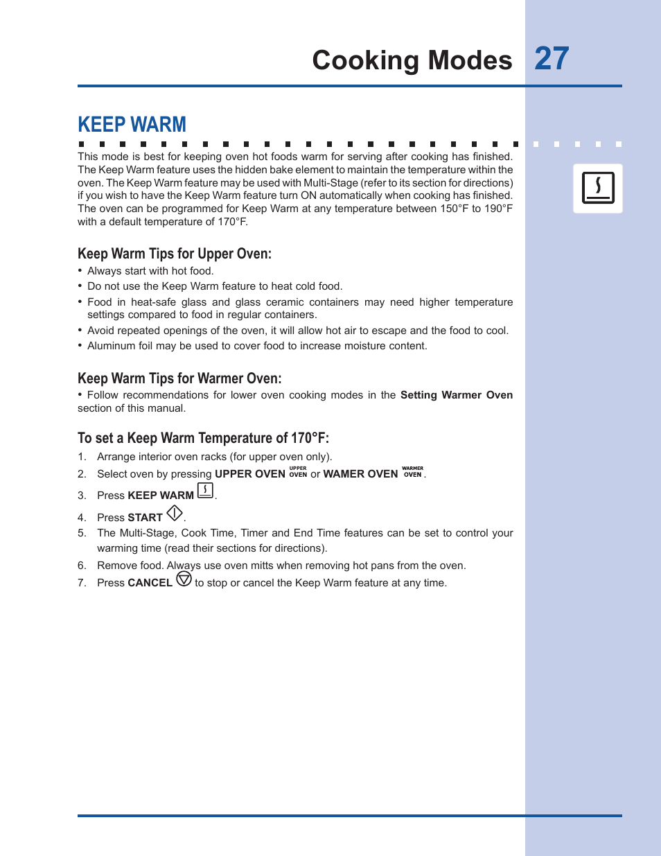 Cooking modes, Keep warm, Keep warm tips for upper oven | Keep warm tips for warmer oven | Electrolux EW30GS65GS User Manual | Page 27 / 52