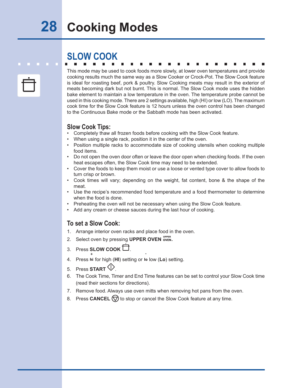 Cooking modes, Slow cook, Slow cook tips | Electrolux EW30GS65GS User Manual | Page 28 / 52